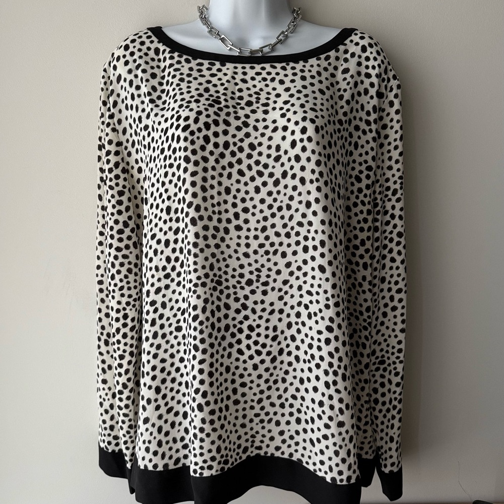 LOFT Black White Spotted Long Sleeve Blouse Top Size XL Contrast Trim Scoop